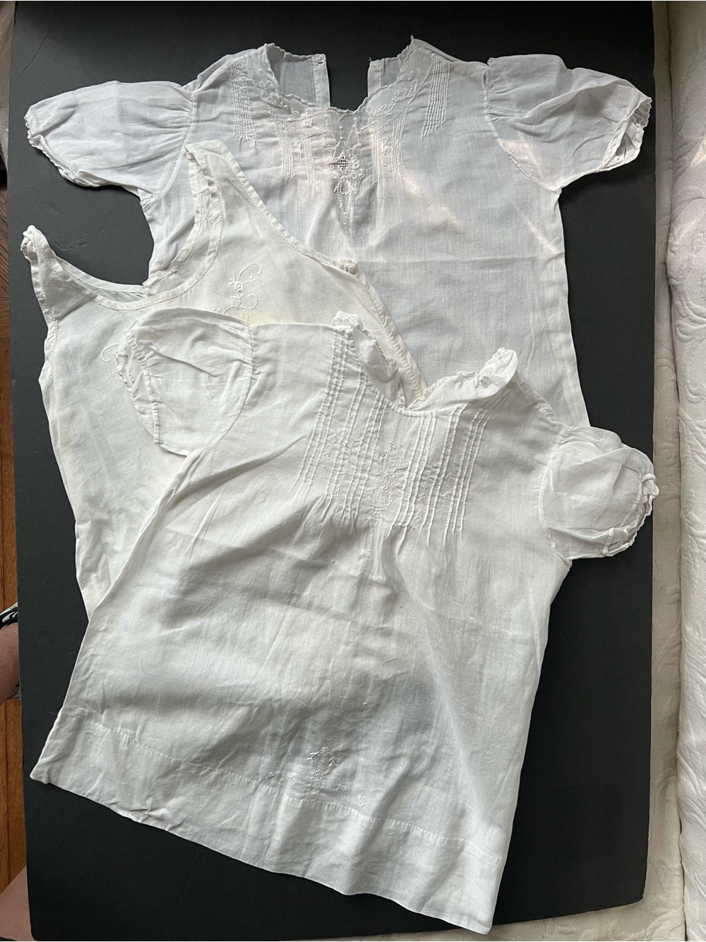 Set of three Vintage White Baby Pintuck & Embroidered Short-Sleeve Dresses.